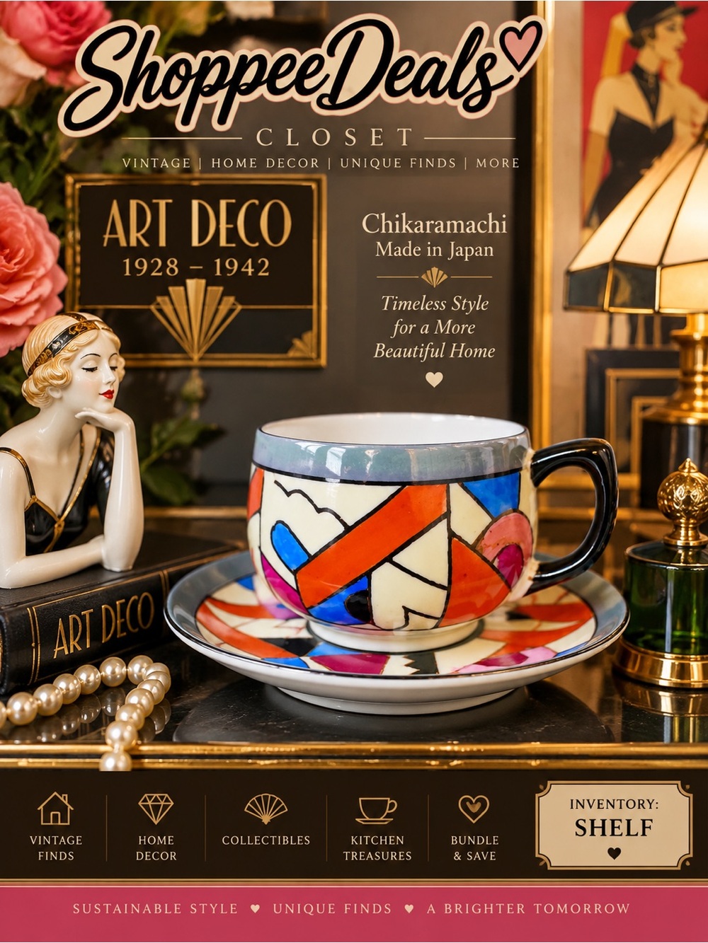 Chikaramachi Art Deco Japanese Porcelain Cup & Saucer